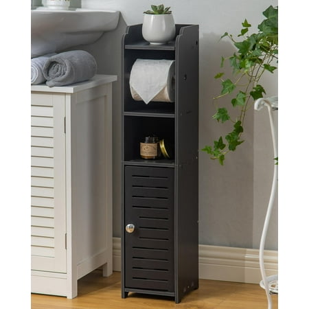 Toilet Paper Holder Stand: Bathroom Storage Cabinet Beside Toilet Storage for Small Bathroom with Toilet Roll Holder - Black