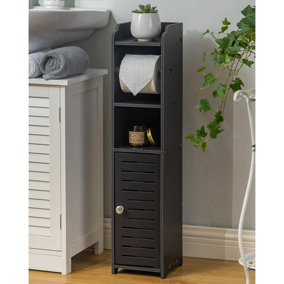 Toilet Paper Holder Stand: Bathroom Storage Cabinet Beside Toilet Storage for Small Bathroom with Toilet Roll Holder - Black