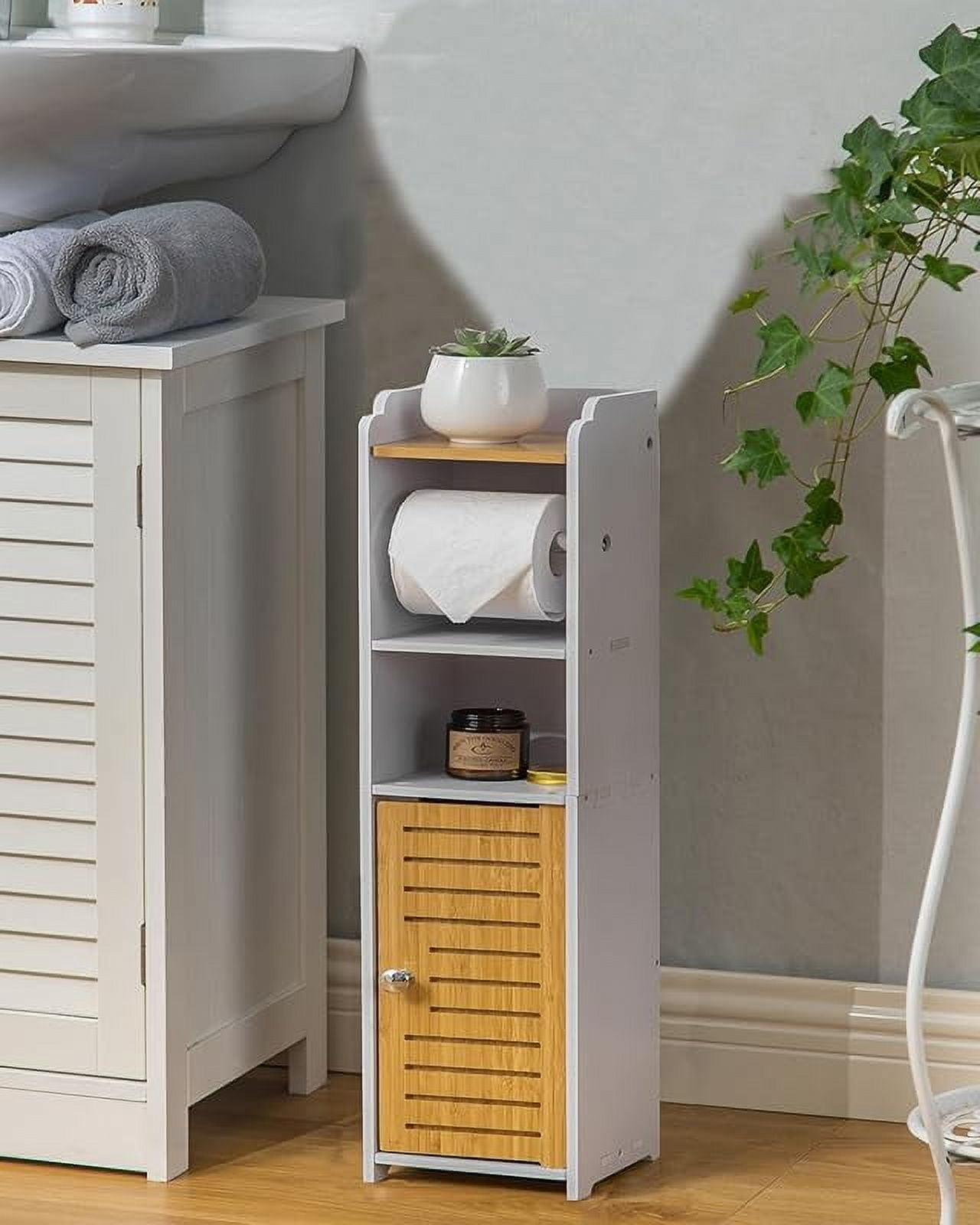 Toilet Paper Holder Stand: Bathroom Storage Cabinet Beside Toilet for Small Space Bathroom with Toilet Roll Holder - White