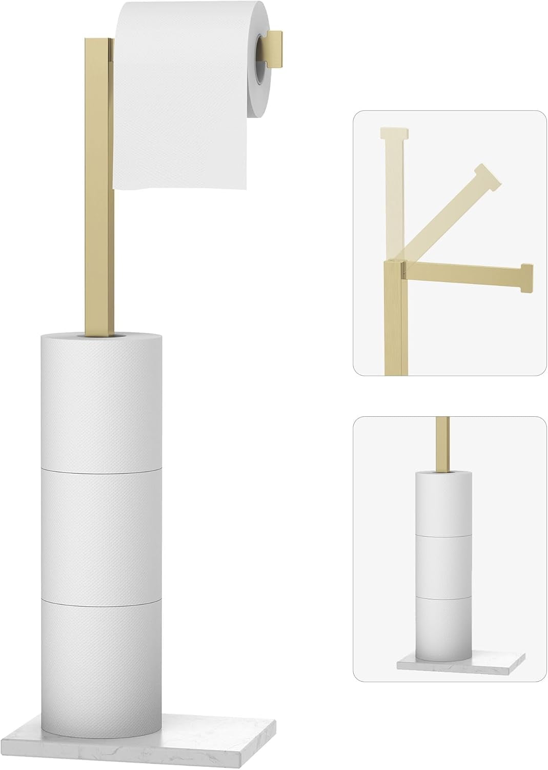 Toilet Paper Holder Stand Brushed Gold SUS 304 Stainless Steel Rustproof Free Standing 22 Inch Rotating Bathroom Tissue Roll For 4 Rolls With Marble Base