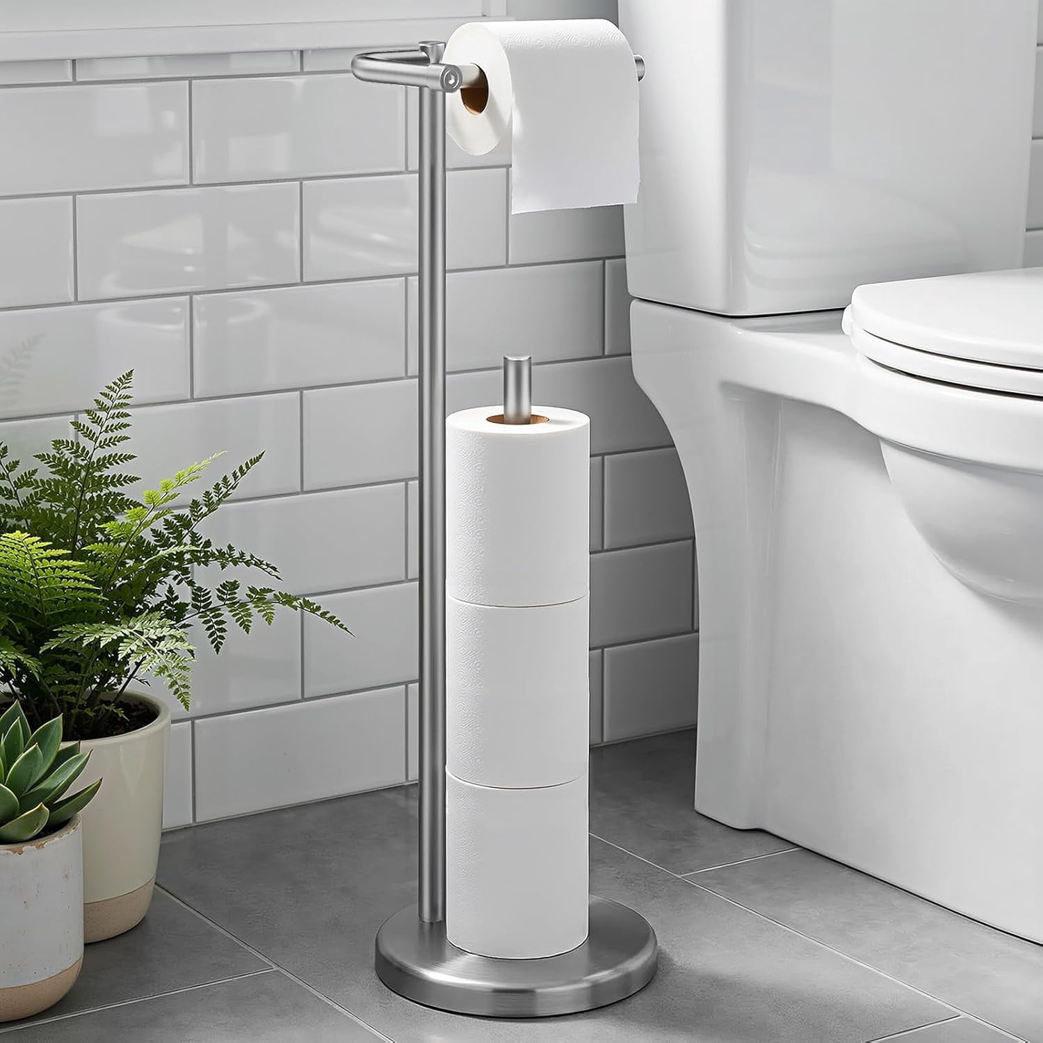 Toilet Paper Holder Stand, Brushed Nickel Freestanding Toilet Paper Holder with Post Pivoting Design and Stable Weighted Base, Stainless Steel Bathroom Toilet Paper Holder