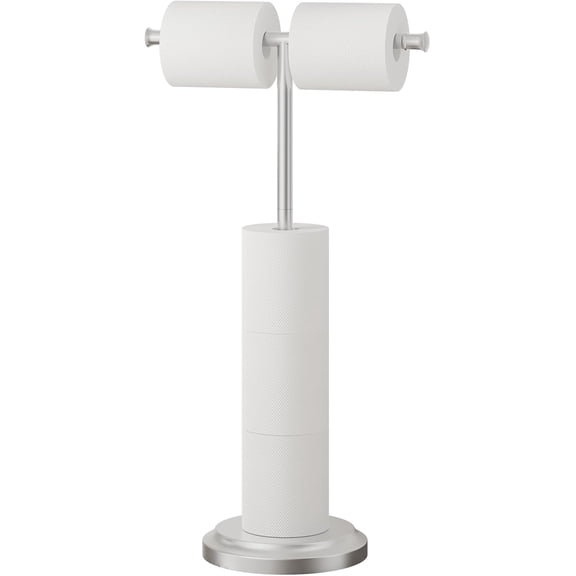 Toilet Paper Holder Stand Brushed Nickel Weighted Base Free Standing Double Toilet Roll Holder 24" H Stainless Steel Bathroom Freestanding Tissue Roll Holder for Floor