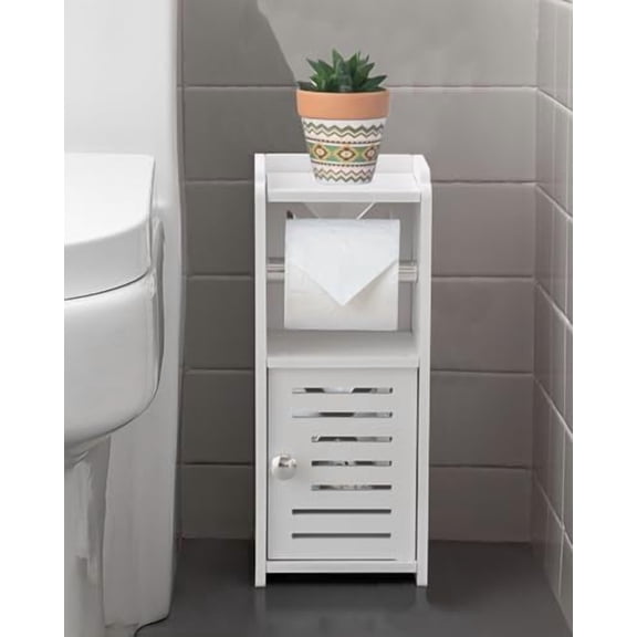 Toilet Paper Holder Stand: Free Standing PVC Bathroom Cabinet - Small Bathroom Storage for Apartment Dwellers - White