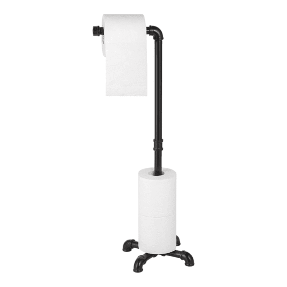 Toilet Paper Holder Stand, Free Standing Toilet Paper Dispenser Bathroom Organizer with Roll Holder, Industrial Cast Iron Pipe, Black