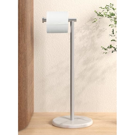 Toilet Paper Holder Stand, Freestanding Toilet Paper Roll Holder with Modern Natural Marble Base, White Freestanding Toilet Tissue Holder SUS304 Stainless Steel Brushed Finish BPH284S1-2