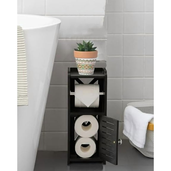 Toilet Paper Holder Stand: PVC Freestanding Bathroom Cabinet Storage for Apartment Dwellers - Slim Bathroom Storage - Black