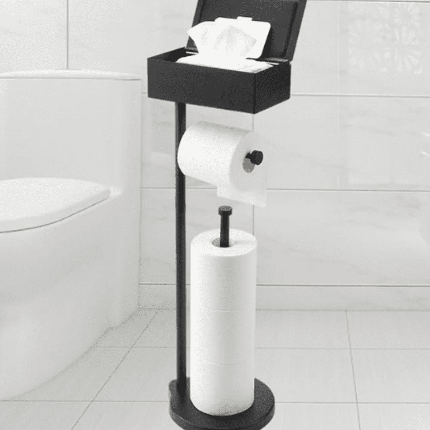 TreeLen Chrome Free-Standing Toilet Paper Holder – Bathroom Roll Dispenser With Shelf – Fits Phone, Wipes, And Mega Rolls, Toilettenpapierhalter, Silberfarben, 6.5 * 24", Chrom