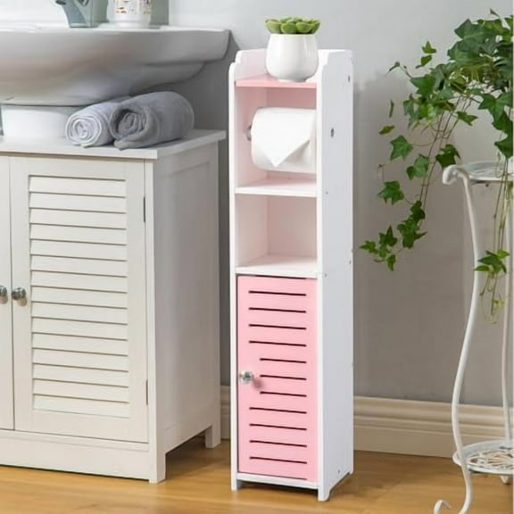Toilet Paper Holder Stand: Small Bathroom Storage Cabinet - Jelly Pink - White