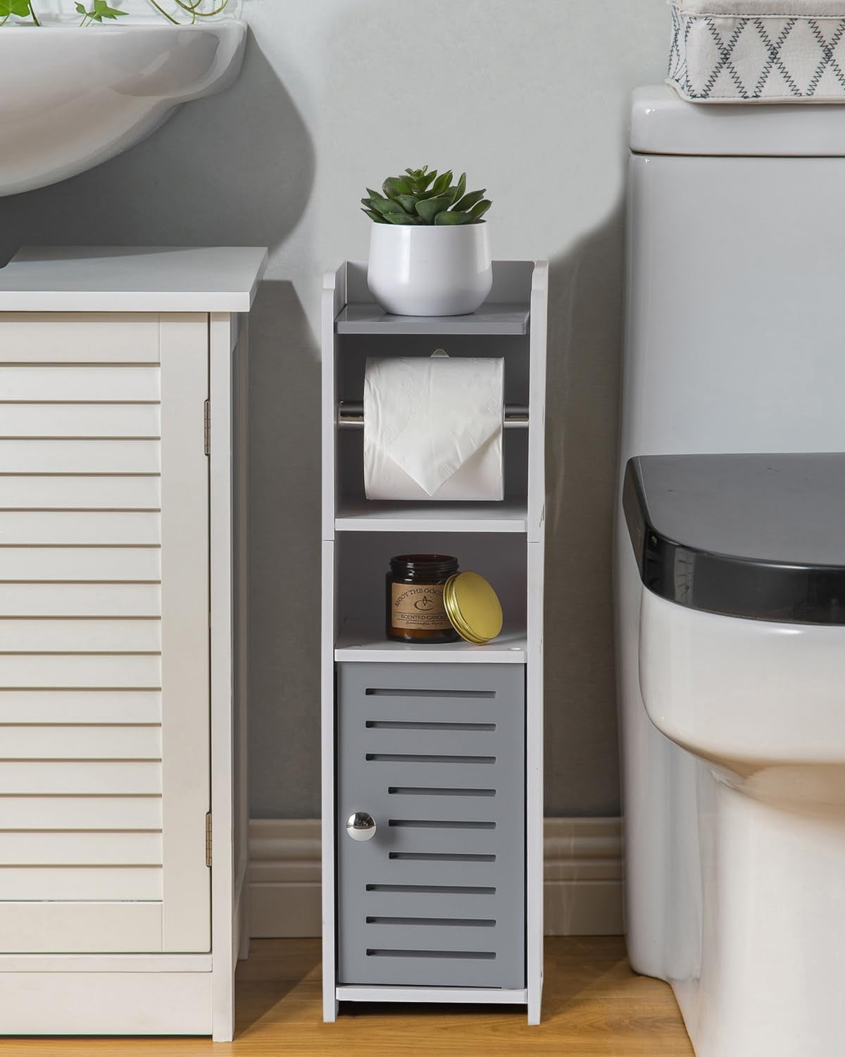 Toilet Paper Holder Stand: Small Bathroom Storage Cabinet Mini - Light ...