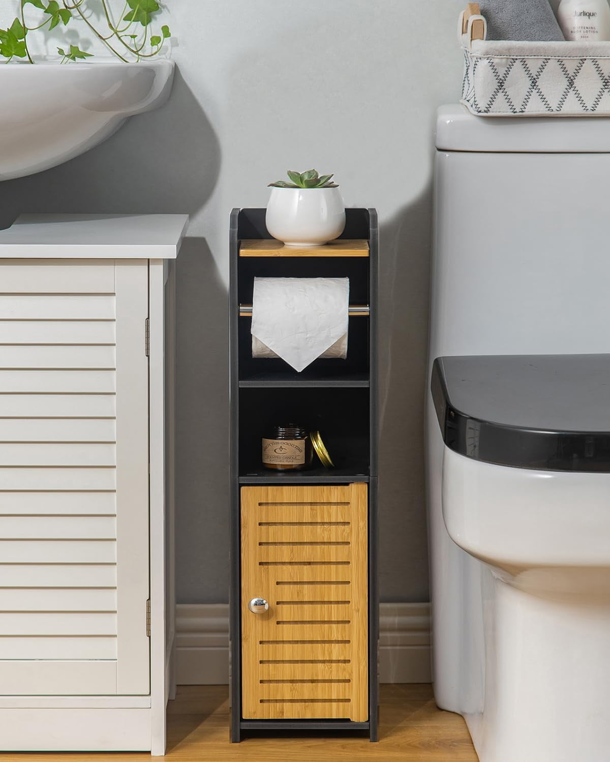Bamboo Toilet Paper Holder Stand - Holds 3 Rolls, Free Standing & Water Resistant Bathroom Organizer