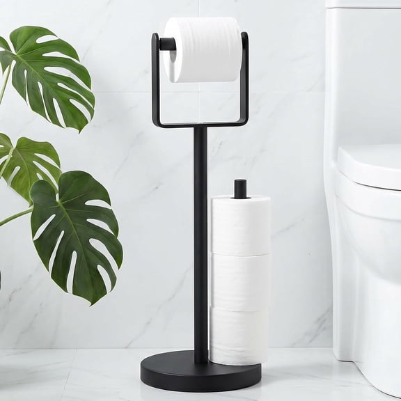 Toilet Paper Holder Stand up with Storage, Weighted Toilet Paper Holder, Free Standing Tissue Rack Scroll Stand for 3 Rolls, Roll Dispenser, Bathroom Black Roll Standing for Accessories