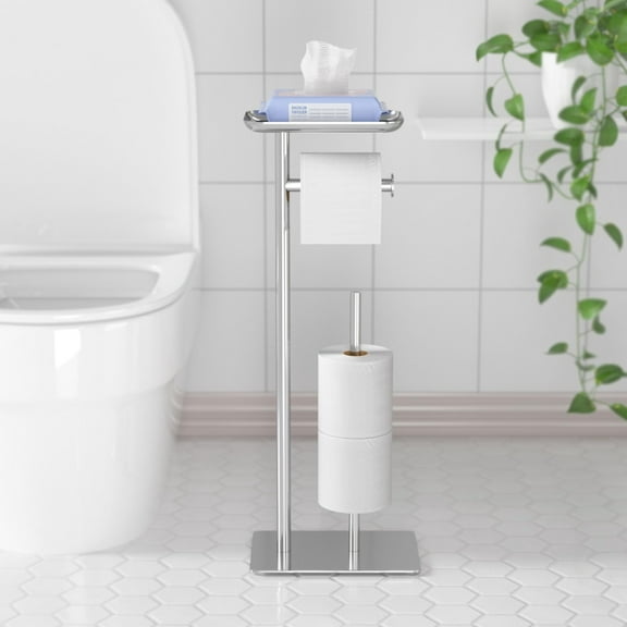 NIFFGAFF Toilet Paper Holder Stand with Top Storage Shelf, Chrome Toilet Paper Roll Holder Free Standing, Floor Standing Toilet Roll Dispenser Storages 4 Reserve Rolls