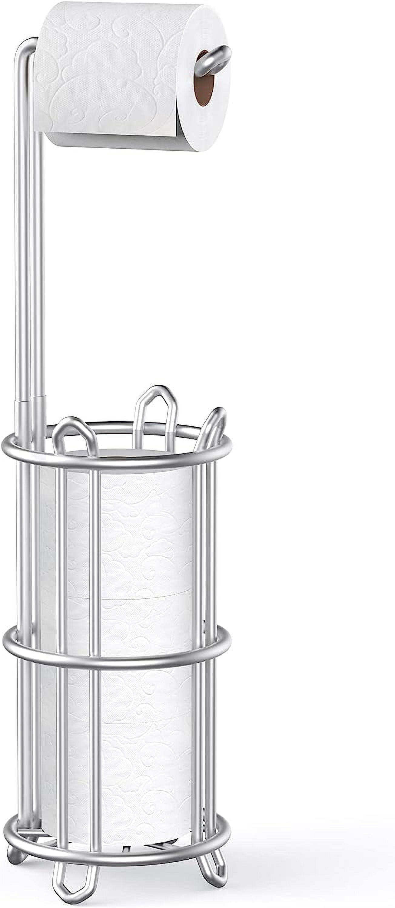 Meangood Toilet Paper Holder Stand and Tissue Roll Dispenser for 4 Mega Rolls, Bathroom Free Standing Storage Rack, Metal Wire Silver