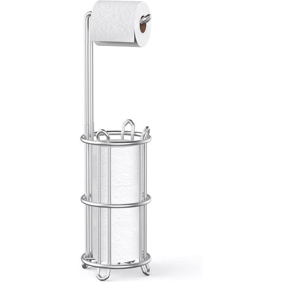 Toilet Paper Holder Stand and Tissue Roll Dispenser for 4 Mega Rolls, Bathroom Free Standing Storage Rack, Metal Wire Silver