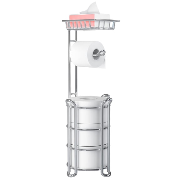 Toilet Paper Holder Stand with Shelf, Free Standing Tissue Roll Storage Rack with Dispenser for Bathroom, Black