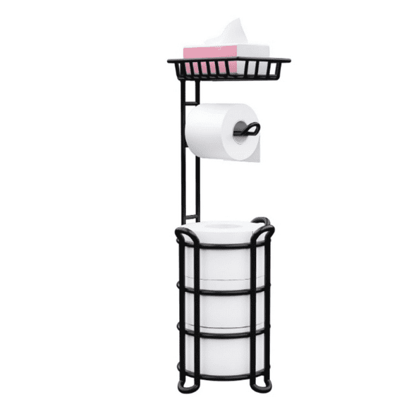 Toilet Paper Holder Stand with Shelf, Free Standing Toilet Tissue Roll Storage Rack for Bathroom, Black