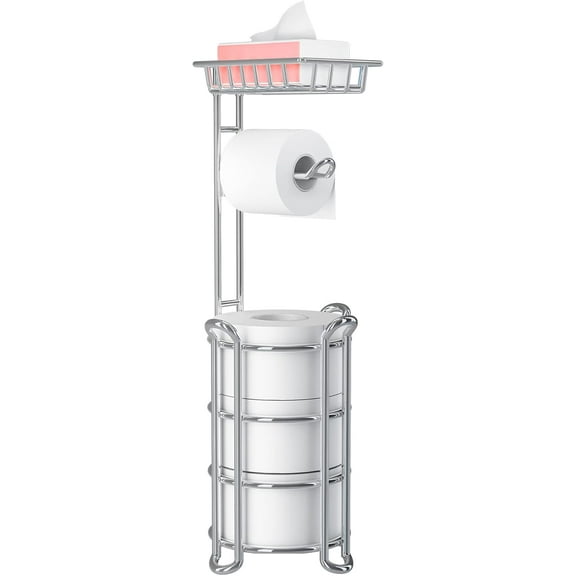 Toilet Paper Holder Stand with Shelf, Free Standing Toilet Tissue Roll Storage Rack for Bathroom, Black