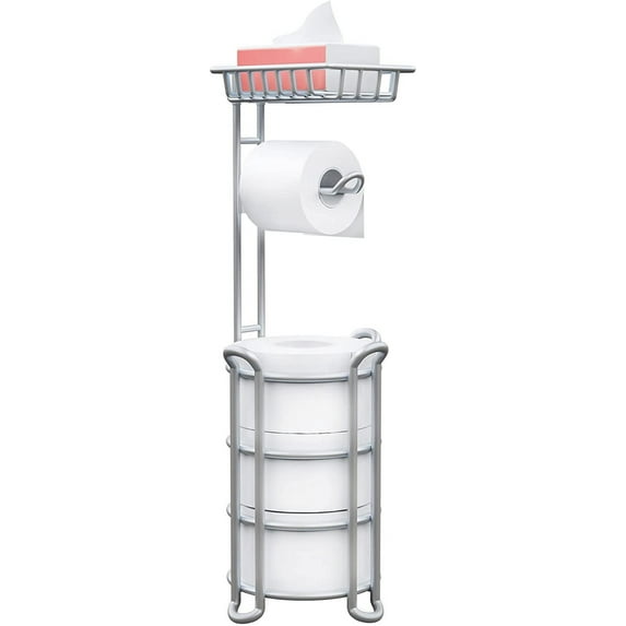 Toilet Paper Holder Stand with Shelf for Phone, Free Standing Tissue Roll Storage and Dispenser Rack for 4 Mega Rolls, Silver Gray
