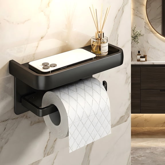 Toilet Paper Holder with Phone Shelf, Black Stainless Steel Double-Layer Wall Mounted and Self Adhesive Toilet Paper Holder for Large/Mega Roll with Inverted Countertop and Micro-Flipped Rod Tail
