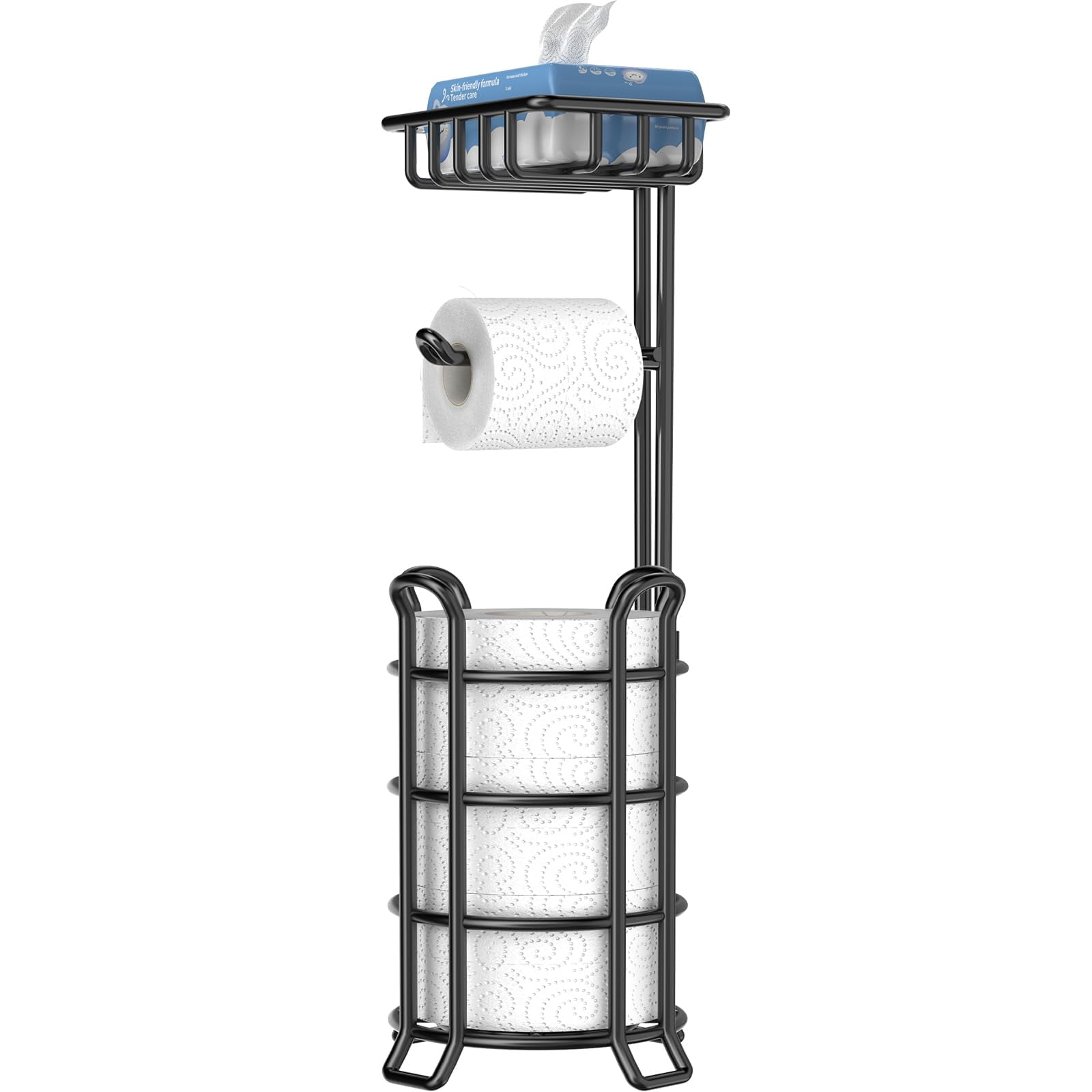 Toilet Paper Holder Toilet Paper Stand and Dispenser for 3 Spare Rolls Metal Wire Free-Standing Toilet Tissue Paper Roll Storage Shelf Bathroom Accessories Storage Organizer Black