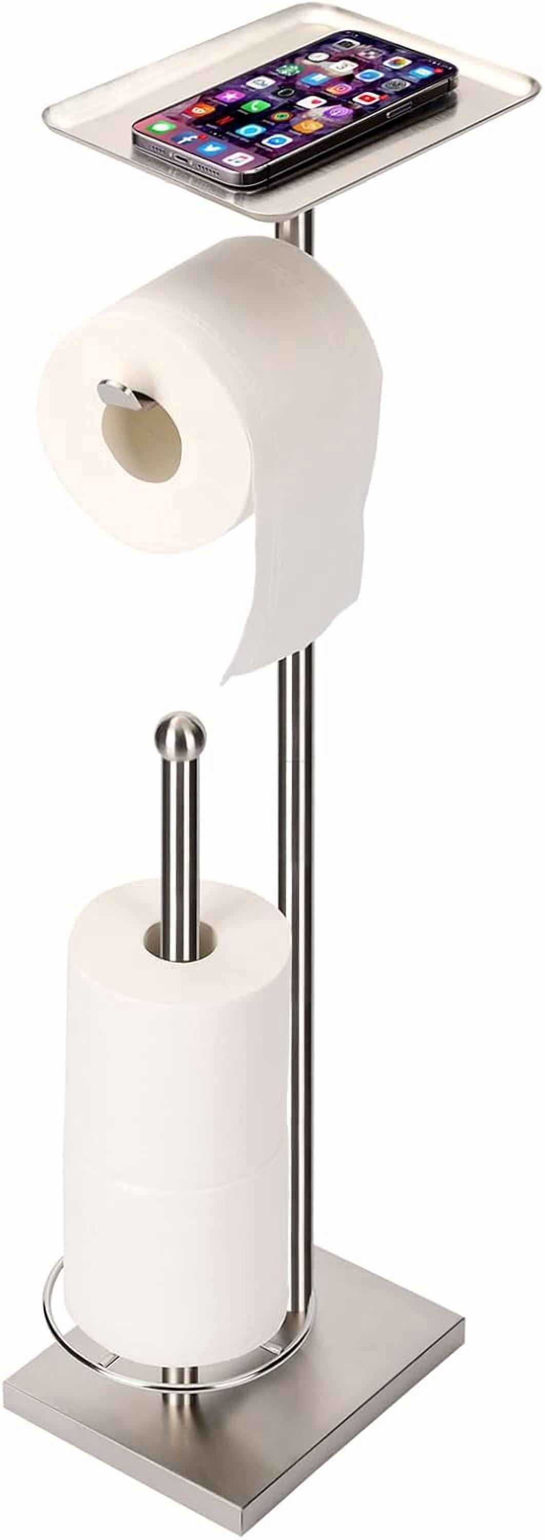 Toilet Paper Holder with Tray at The Top, Heavy-Weighted Stainless Steel Base No Wobbly, Freestanding Toilet Paper Rolls Stand, Hold Extra 3 Paper Rolls On The Base (Brushed Nickel)