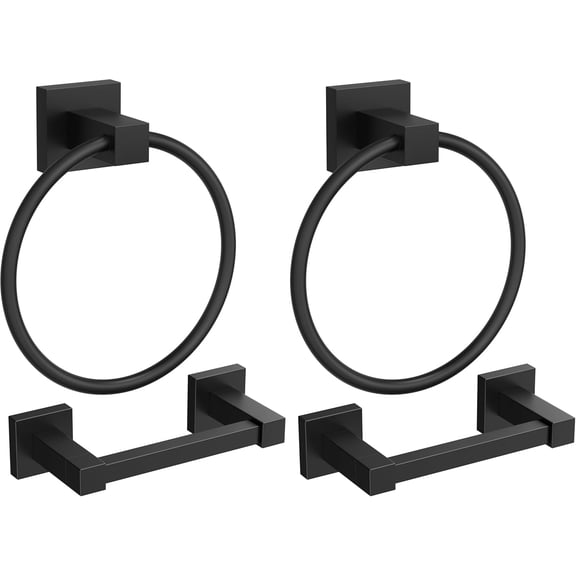 Toilet Paper Holder Wall Mount and Hand Towel Ring Set, SUS 304 Stainless Steel Double Post Pivoting Tissue Roll Holder, Modern Bathroom Hardware Accessories Set, Matte Black (Pack of 2)