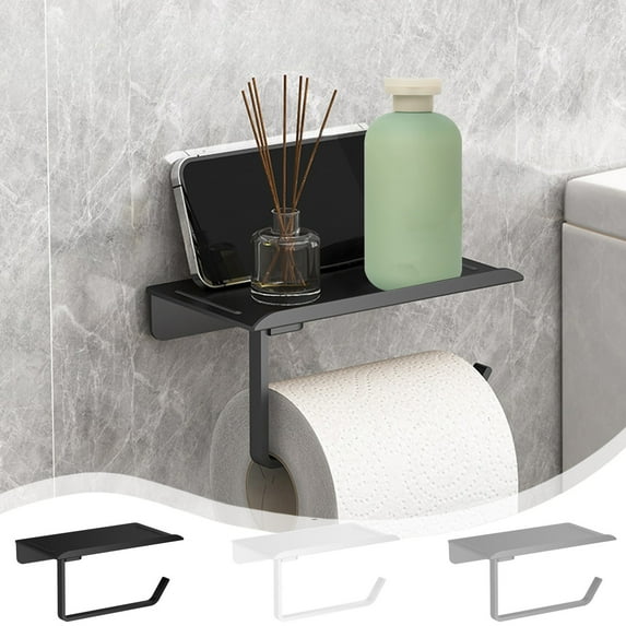 Toilet Paper Holder Wall Mounted Tissue Rack | Plastic Non-Perforated Bathroom Storage Box | Adhesive & Screw Install | Silvery, Black, White, Gray | 9.8x4.7in Lightweight Space-Saving Shelf
