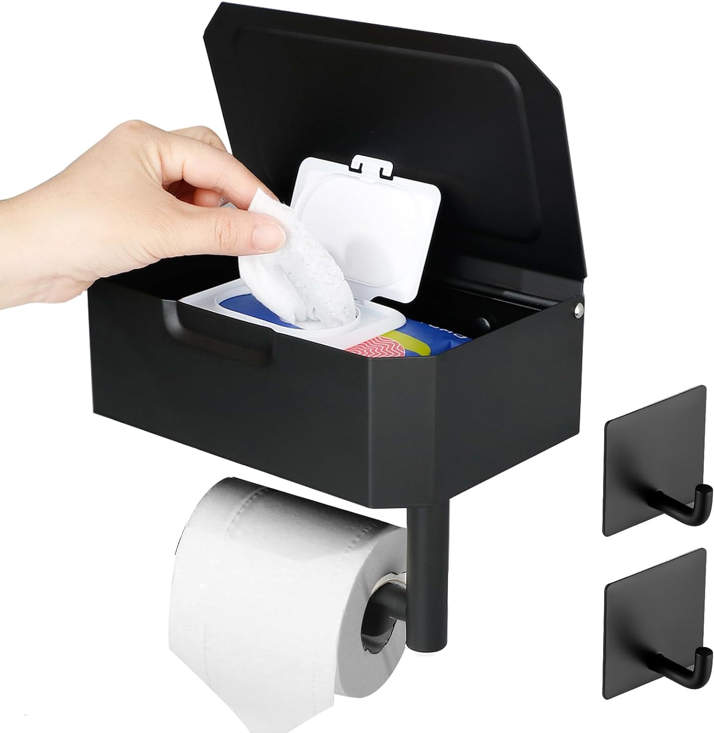 Toilet Paper Holder With Wipes Storage - Wall Mount Dispenser, Black