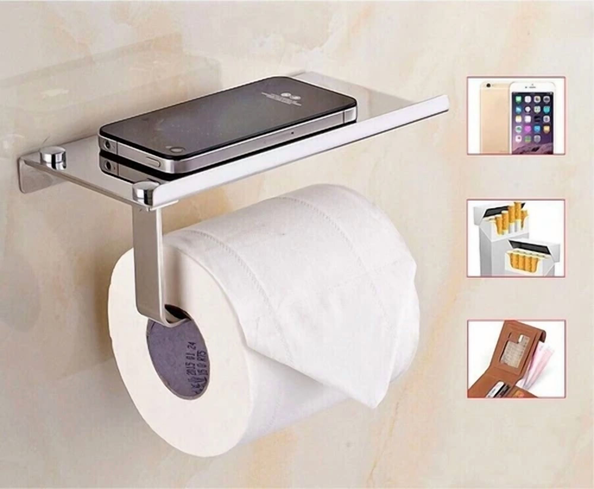 Toilet Paper Holder With Phone Shelf - Wall Mounted Stainless Steel Bathroom Organizer