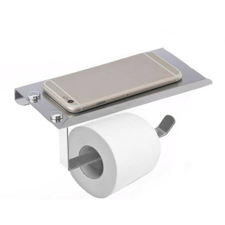 Toilet Paper Holder with Mobile Phone Storage Shelf Stainless Steel with Hook Wall Mounted Rack