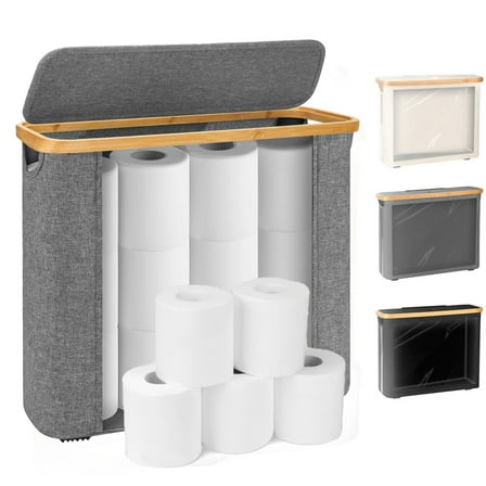 Toilet Paper Storage Basket for 12 Rolls, Papers Container with Bamboo Lid,Medium Toilets Holder，Stackable & Foldable，Organizer for Bathroom, Gray, 1 Pack
