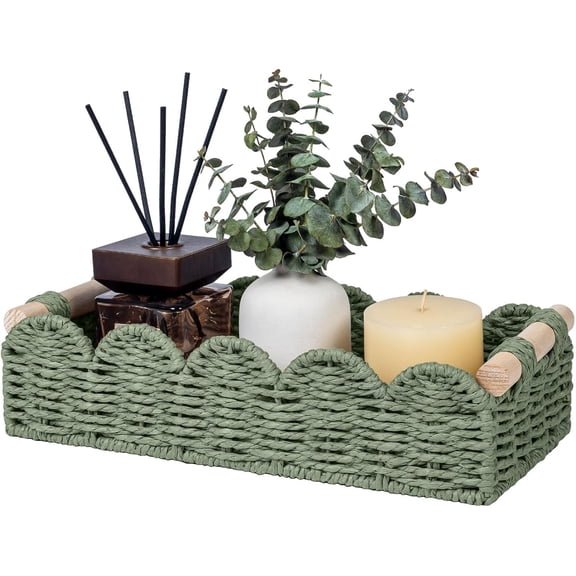 Toilet Paper Storage Basket Organizer, Small Wicker Toilet Tank Top Decorative Baskets for Countertop, Handwoven Scalloped Basket w/handle for Home Decor, Living Room, Bedroom, Green