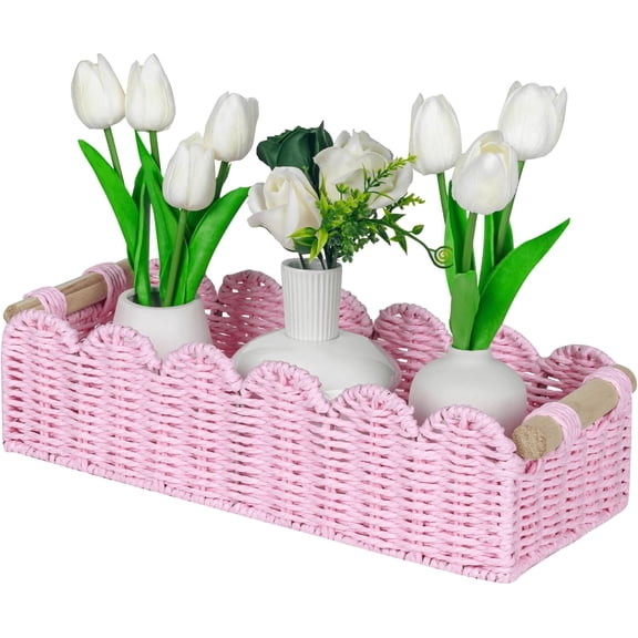 Toilet Paper Storage Basket Scalloped Edge Home Decor Basket, Living Room Cozy Decor, Paper Rope Small Baskets for Over Toilet Storage Shelf, End Table, Shelves, with 2 Wooden Handles, Pink