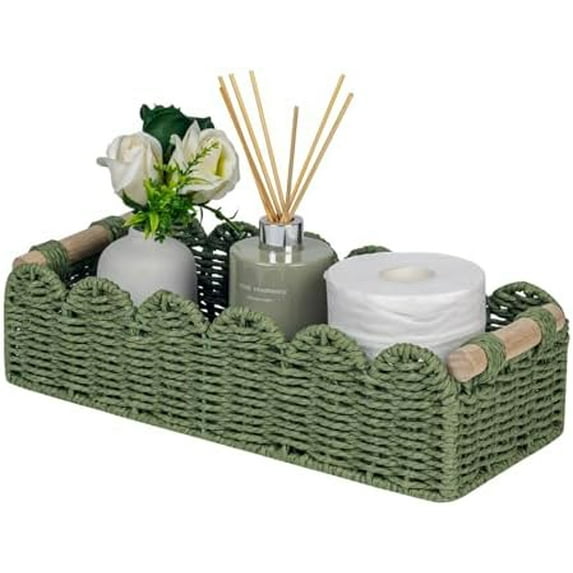 Toilet Paper Storage Basket Scalloped Edge Home Decor Green Basket, Living Room Cozy Decor, Paper Rope Small Baskets for Over Toilet Storage Shelf, End Table, Shelves, with 2 Wooden Handles