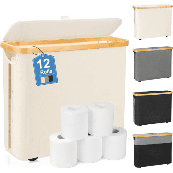 Toilet Paper Storage Basket with Lid and Handle, Foldable Toilet Paper Basket Organizer for Bathroom, Large Capacity Toilet Paper Holder with Storage for 12 Regular Rolls, Beige