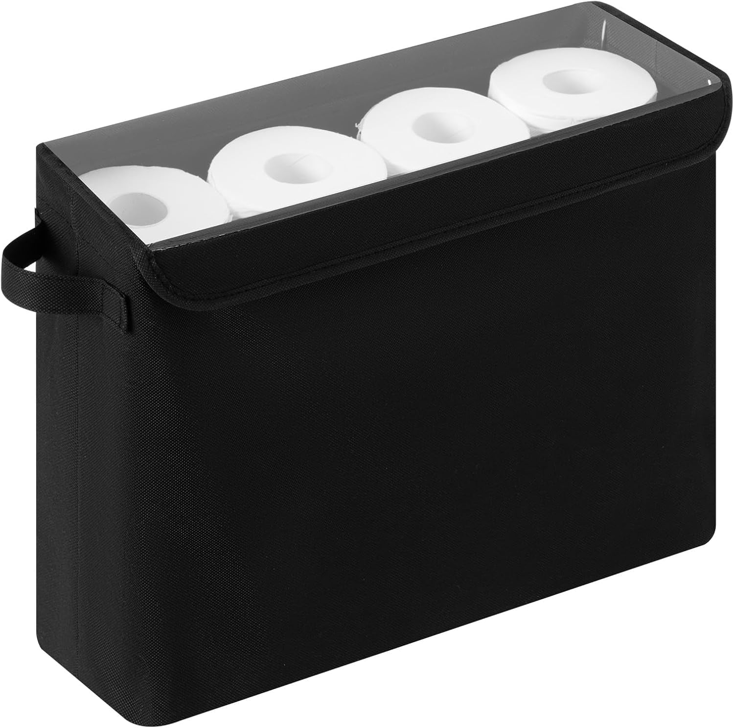 Toilet Paper Storage Baskets, Bathroom Toilet Paper Storage with Lid, Holds 12 Regular or 9 Mega Rolls, Slim Toilet Tissue Holder Basket with Clear PVC Lid and Handles, Black