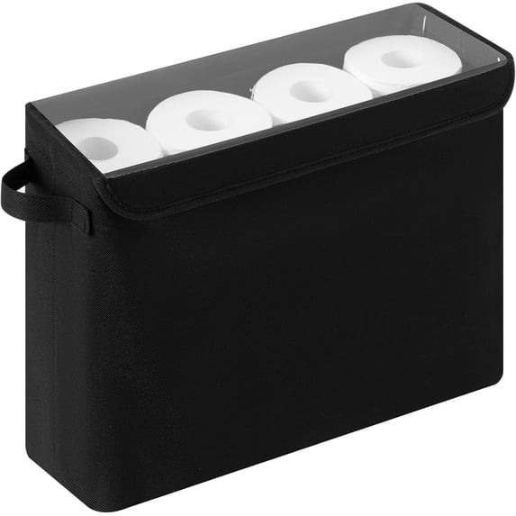 Toilet Paper Storage Baskets, Bathroom Toilet Paper Storage with Lid, Holds 12 Regular or 9 Mega Rolls, Slim Toilet Tissue Holder Basket with Clear PVC Lid and Handles, Black