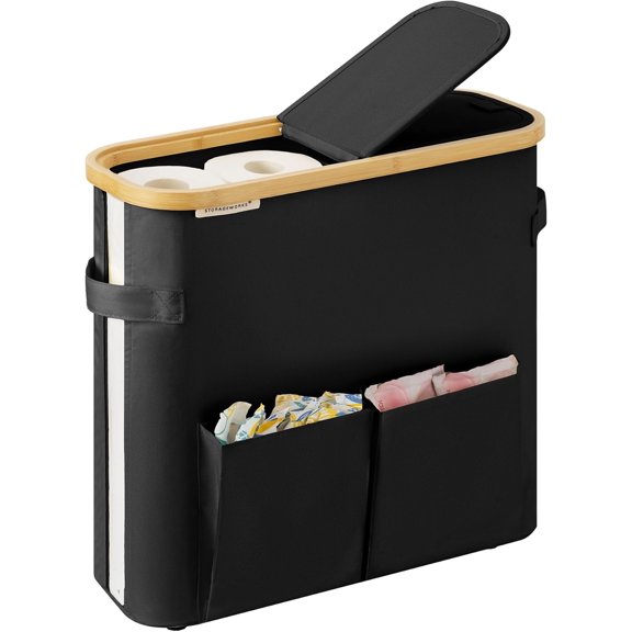 Toilet Paper Storage Baskets with Dual Flip Lids, Toilet Paper Organizer for Bathroom, Toilet Paper Container with Side Pocket, Holds 9 Mega or 12 Regular Rolls, Medium, Black