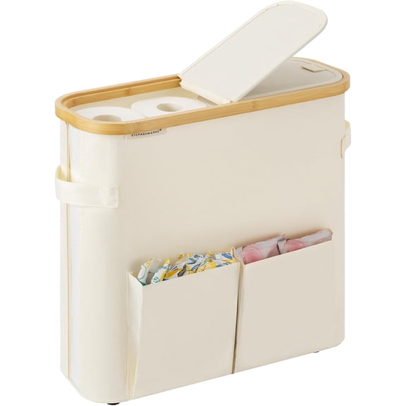 Toilet Paper Storage Baskets with Dual Flip Lids, Organizer for Bathroom, Container Side Pocket, Holds 9 Mega or 12 Regular Rolls, Medium, Beige