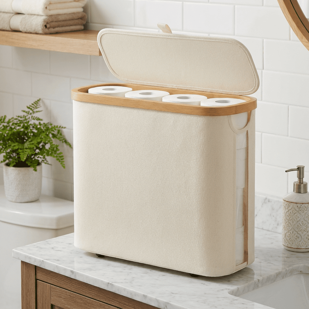 Glee Max Toilet Paper Storage Container with Lid Organizer for 9-16 Rolls, Toilet Paper Basket Holder for Bathroom, Closet, Beige