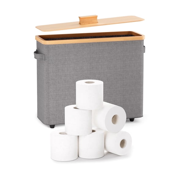 Toilet Paper Storage Stand, Toilet Paper Basket with Lid for 12-Roll Standard Toilet Paper Holder, Bamboo Toilet Paper Organizer for Bathroom with Footbase Ultimate Bathroom Organizer (Beige)