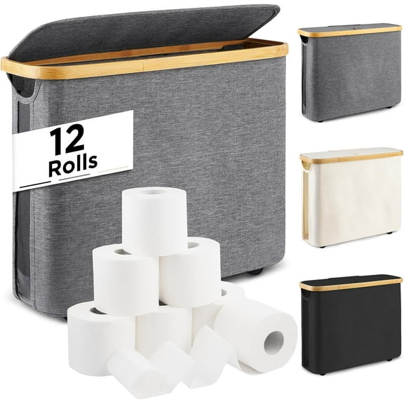 Toilet Paper Storage, Toilet Paper Basket Organizer for Bathroom, Toilet Paper Storage Holder Stand with Lid, Free Standing Holder up to 12 Mega Rolls,Grey