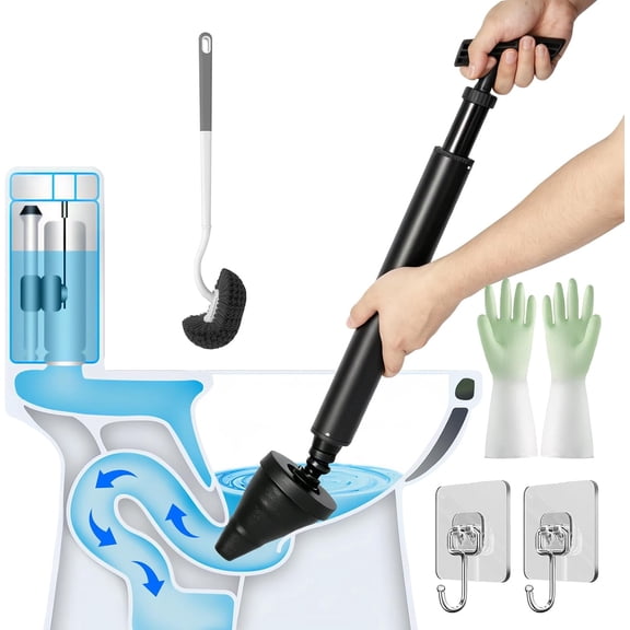 Toilet Plunger & Bathroom Plunger, Brush and Set - Powerful Air air Auger, High Pressure Clog Tool for Sinks, Floor Drains Clogged Pipes(Black + Brush)