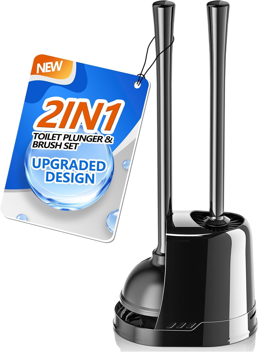 Toilet Pl and Brush, Bowl Brush and Heavy Duty Toilet Pl Set with Ventilated Holder, 2-in-1 Toilet Brush and Pl Combo for 5.3-inch Toilet Drain Bathroom Cleaning (Black)