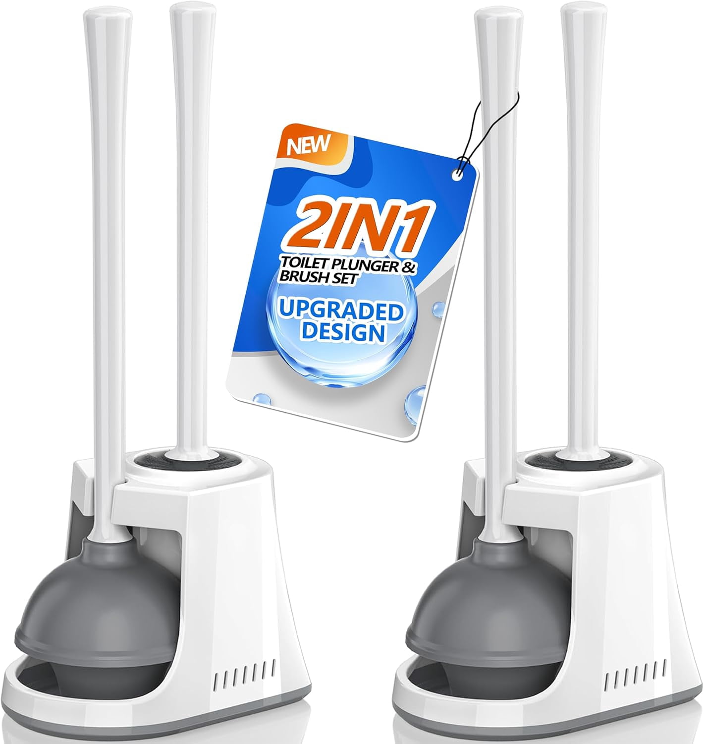 Toilet Plunger and Brush, Bowl Brush and Heavy Duty Toilet Plunger Set with Ventilated Holder, 2-in-1 Toilet Brush and Plunger Combo for Bathroom Cleaning (2, White)