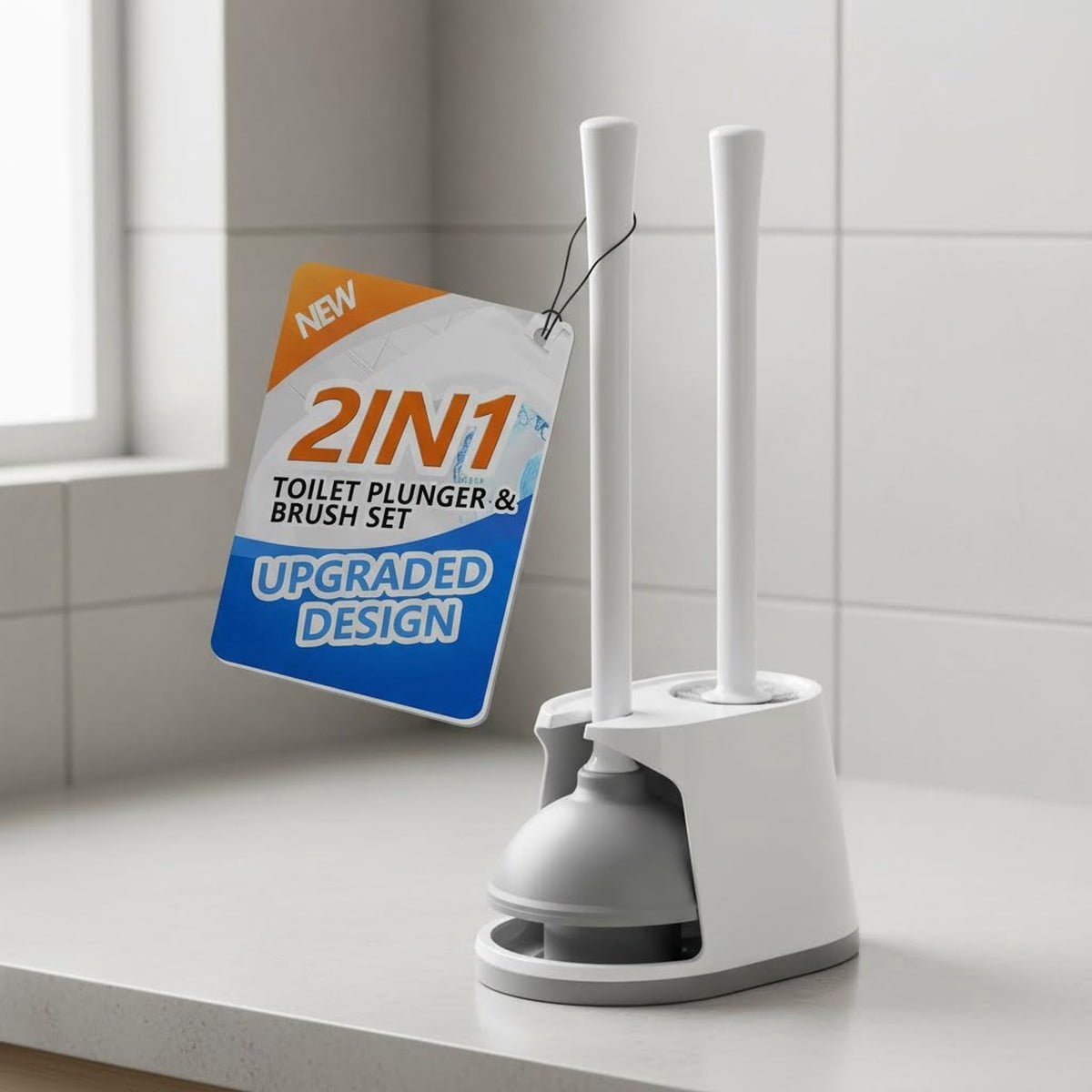 Toilet Plunger and Brush Set, Bowl Brush and Heavy Duty Plunger with Ventilated Holder, 2-in-1 Toilet Brush and Plunger Combo for Drain Deeply Cleaning