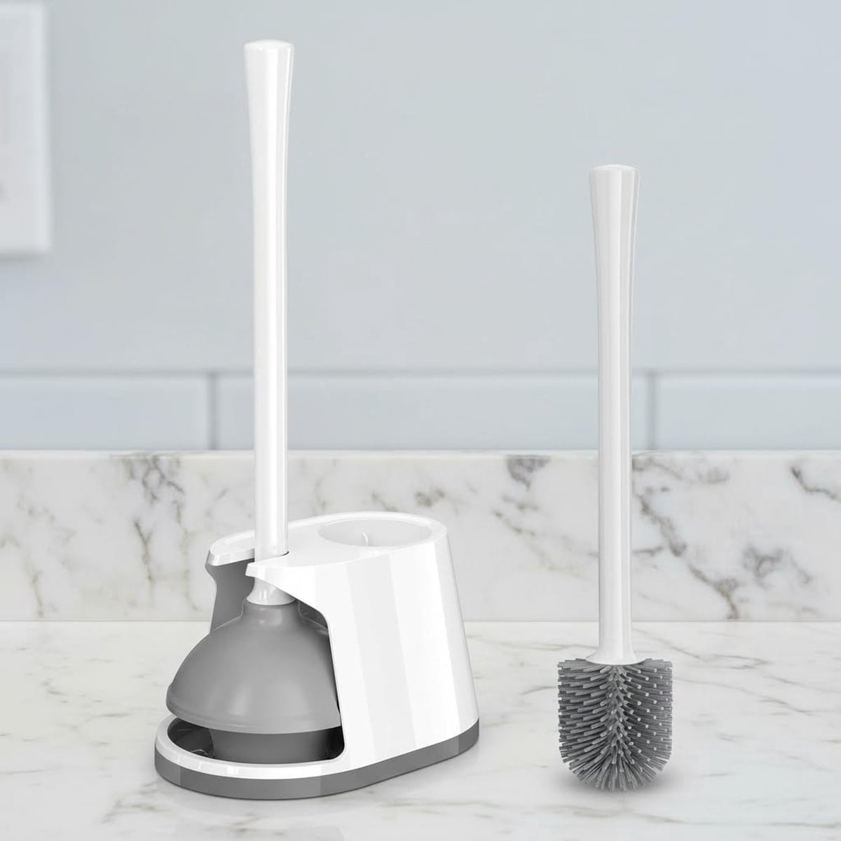Toilet Plunger and Brush Set, Silicone Bowl Brush and Heavy Duty Plunger with Ventilated Holder, 2-in-1 Toilet Brush and Plunger Combo for Drain Deeply Cleaning
