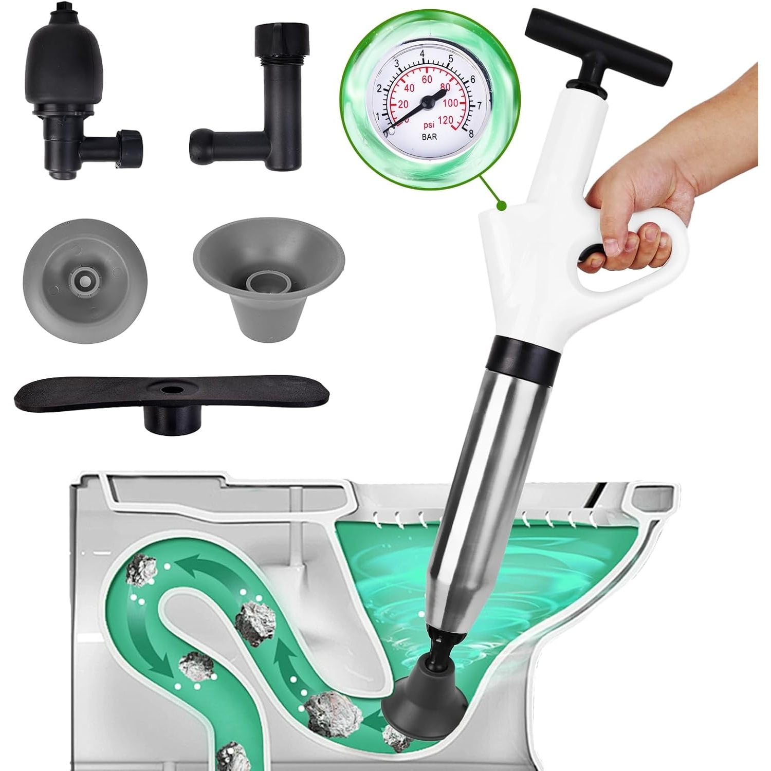 Toilet Plunger,Drain Clog Remover Tools,High-Pressure Air Drain Blaster Gun with Real-Time ...