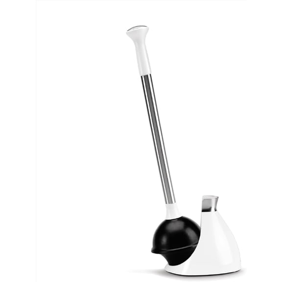 Toilet Plunger with Holder, Toilet Plunger and Holder Set, Magnetic Drip-Free Cover, Narrow Flange for Modern Low-Flow Toilets, Hidden Dome Storage, Stainless Steel, White