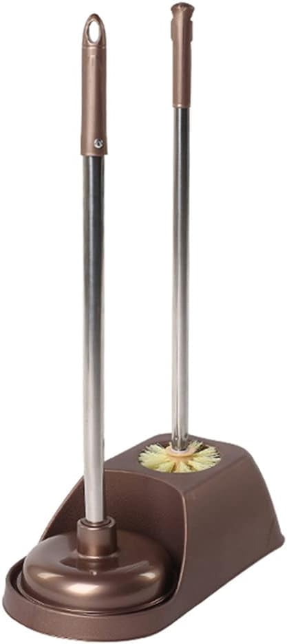 Toilet Plunger and Bowl Brush Combo for Bathroom Cleaning, 2 in 1 Long Handle Toilet Brush and Plunger with Holder, 1 Set ( Coffee )